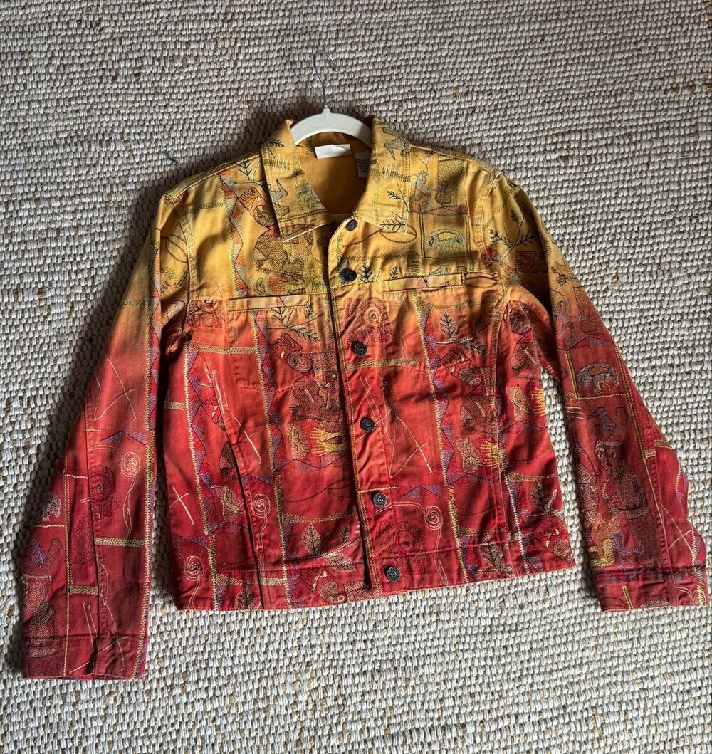 Vintage Chico’s Ombre Tribal Embroidered Jean Jacket Boho Wearable Art XS-S